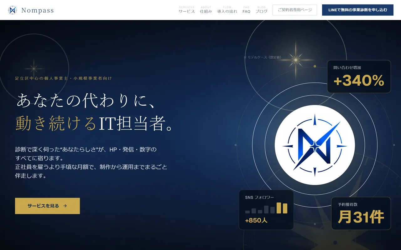 Nompass — 小規模事業者向け AI × Web 成長支援 の画面